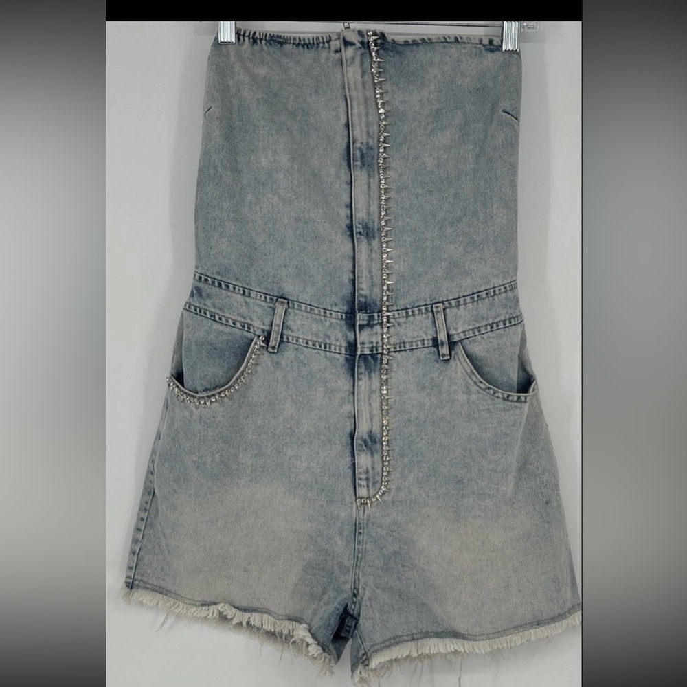 Fashion Nova Light Blue Denim Rhinestone-Trim romper - Picture 3 of 9